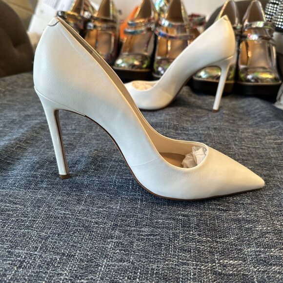 Schutz Lou Pointed Toe Pumps White Leather Heels - Picture 5 of 16